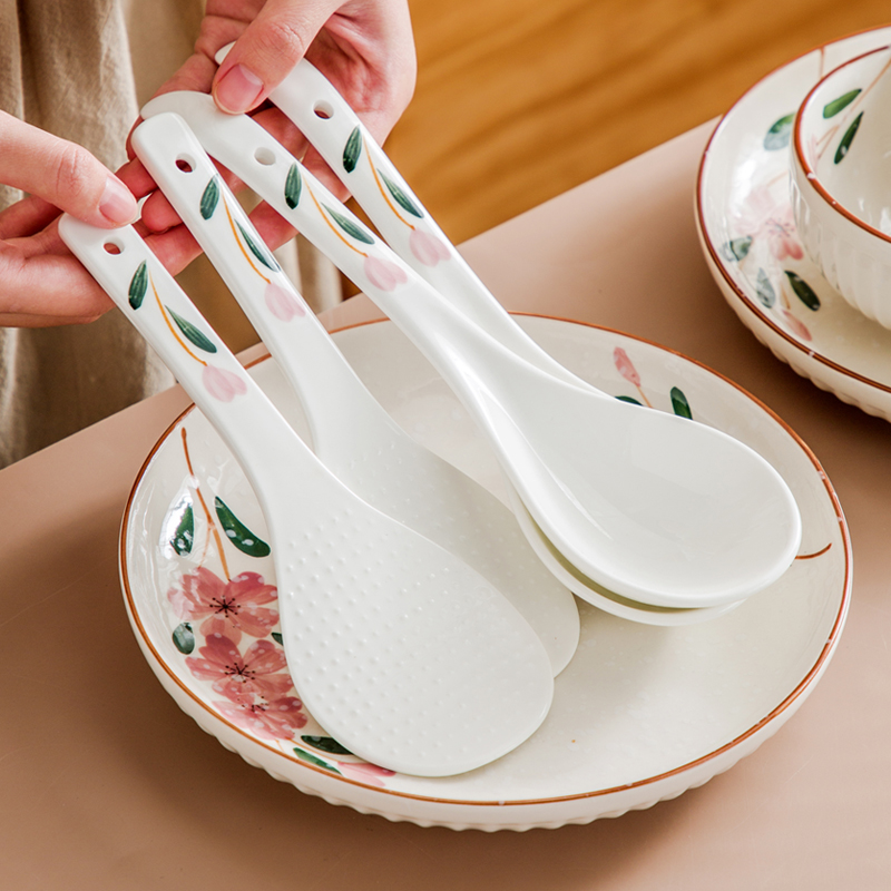日式家用陶瓷勺子长柄勺大号盛汤勺饭铲大汤瓷勺吃饭勺汤匙小汤勺 - 图1