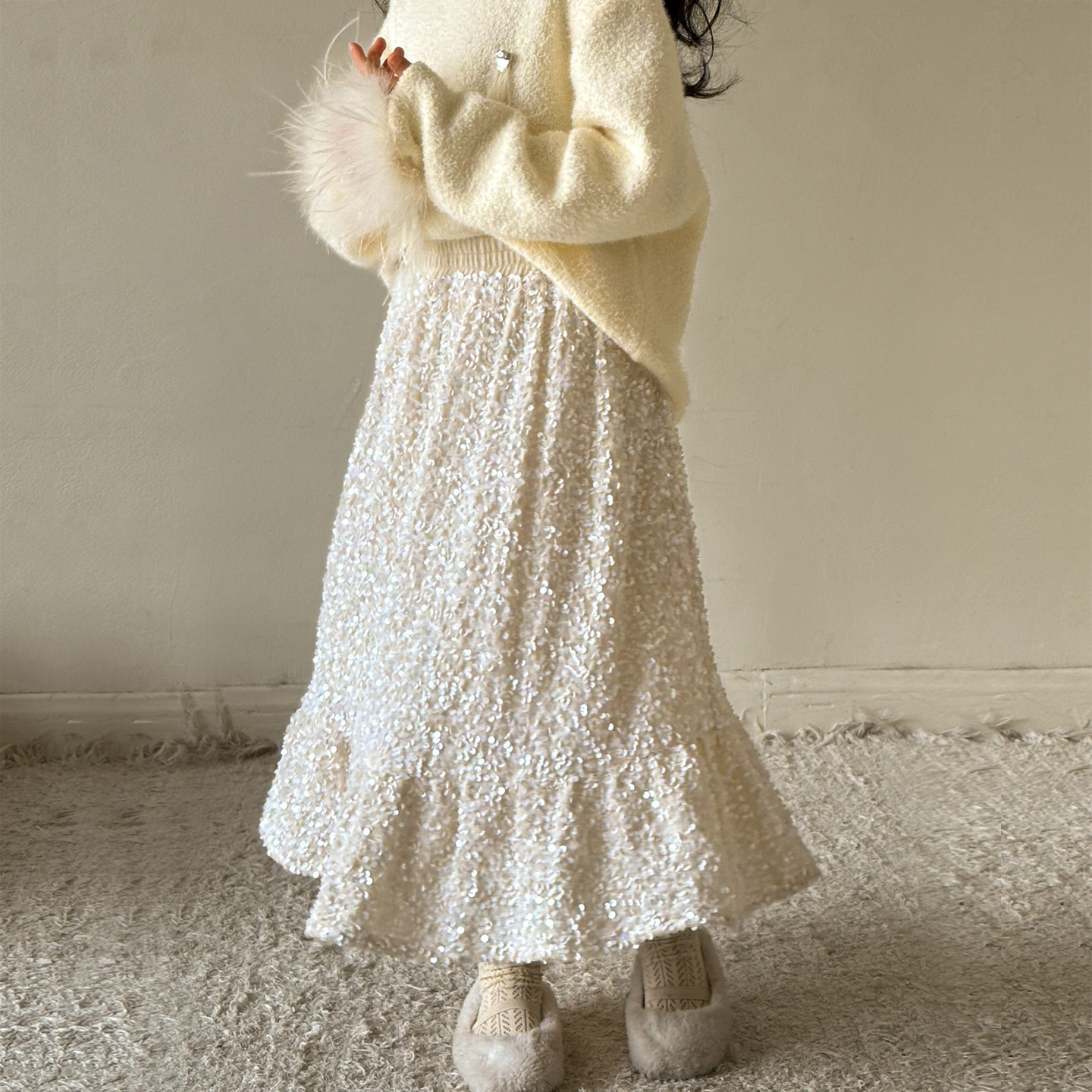 女童半身裙亮片裙2026冬季新款女大童加厚白色伞裙儿童高级感长裙,淘宝优惠券,粉丝福利购,淘宝优惠卷