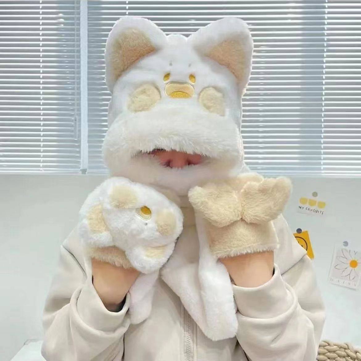猫咪毛绒帽子围巾一体女款秋冬季手套三件套冬天保暖2025新款儿童,淘宝优惠券,粉丝福利购,淘宝优惠卷