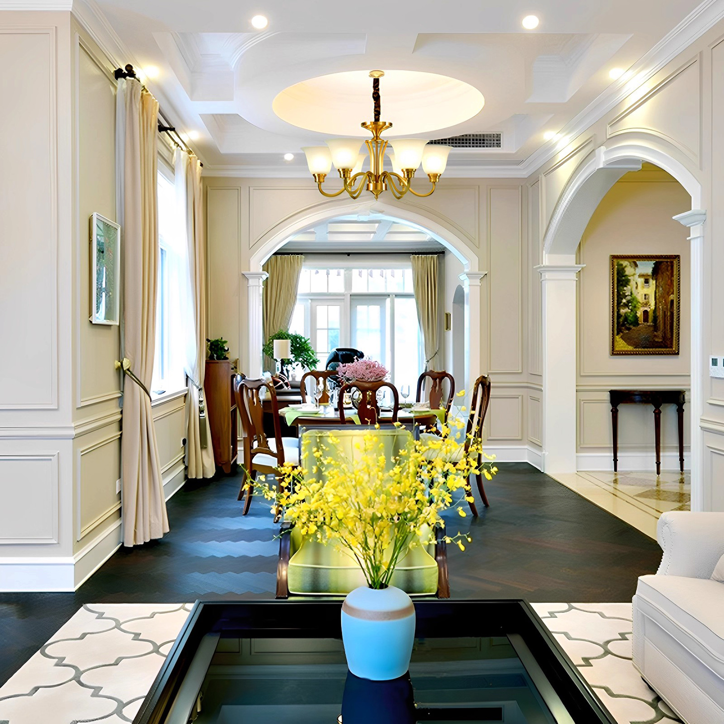 美式客厅灯简约大气 欧式复式楼餐厅灯卧室子母吊灯 仿古全铜灯具 - 图1