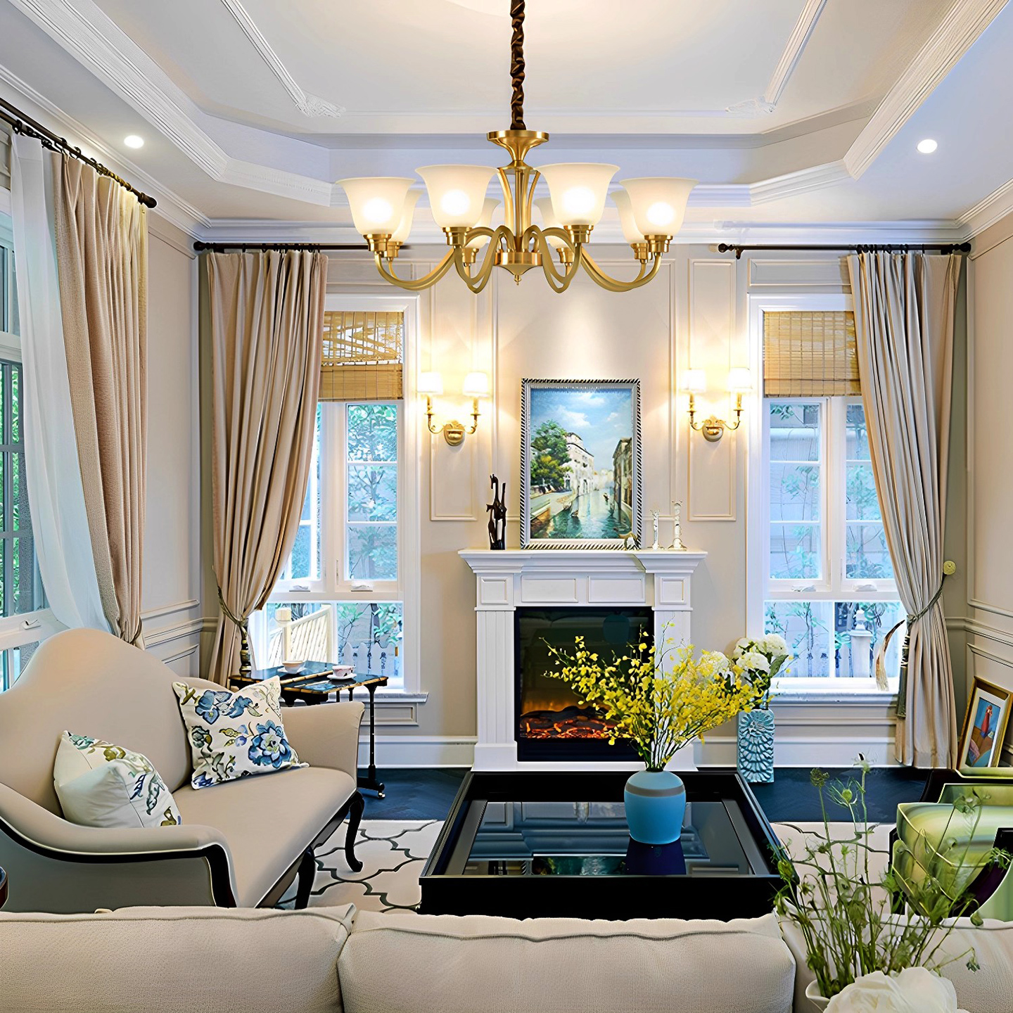 美式客厅灯简约大气 欧式复式楼餐厅灯卧室子母吊灯 仿古全铜灯具 - 图2