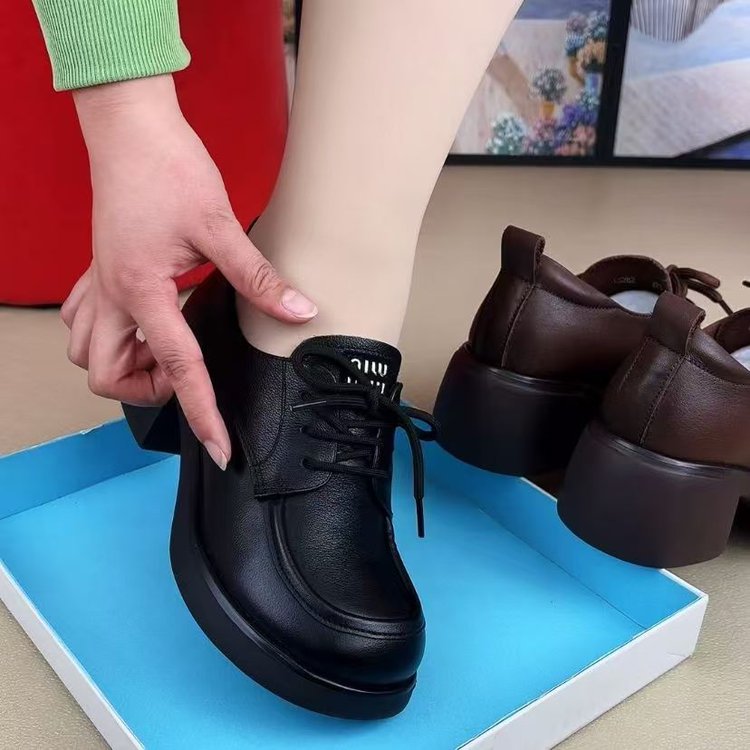 断码清仓真皮软底厚底乐福鞋工作鞋女秋新款粗跟单鞋英伦风小皮鞋 - 图1
