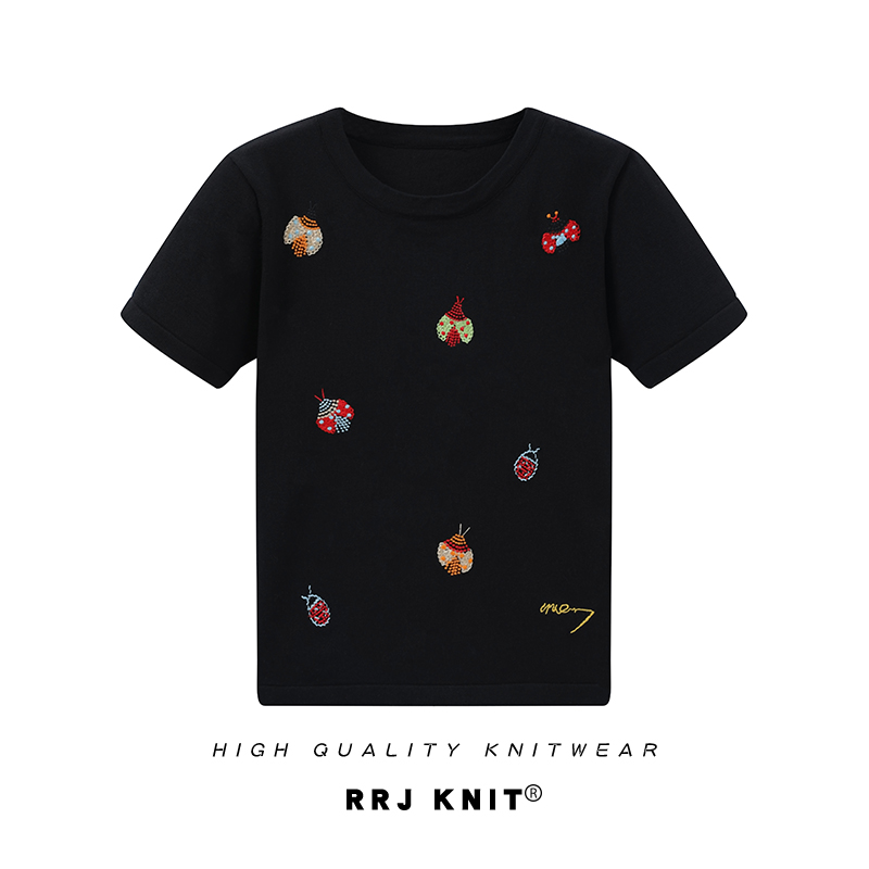 RRJ/KNIT高级感花朵刺绣黑色上衣时尚亮片五角星修身针织短袖T恤