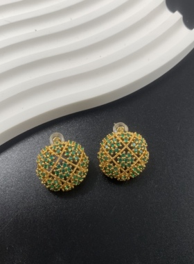 秋冬新款首饰圆形绿色锆石耳钉繁花似锦法式高级感耳环轻奢耳饰