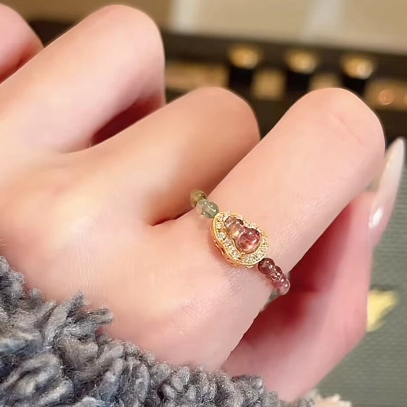 Natural colored tourmaline gourd ring for women, niche design, non-fading crystal ring, light luxury, high-end feel jewelry