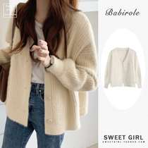 Sweater Korean version Gentle Windproof Lantern Sleeves Water Mink Suede Pure Color Foreign Pie Thicken V collar loose knit cardiovert jacket woman