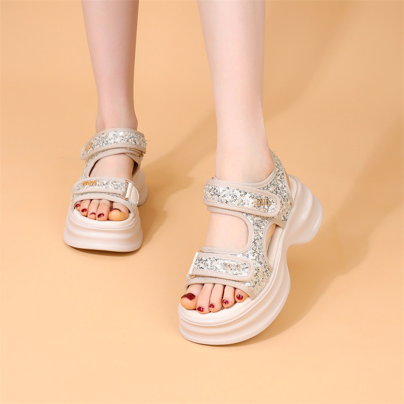 厚底凉鞋女2025新款夏季外穿增高小香风魔术贴甜美亮片运动沙滩鞋,淘宝优惠券,粉丝福利购,淘宝优惠卷