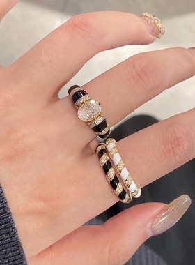 黑天鹅vinatge中古复古风戒指女老钱风黑色珐琅叠戴开口戒指百搭