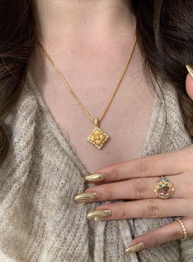 法式复古意大利中古拉丝双面镶钻四叶草项链宫廷布契风百搭锁骨链