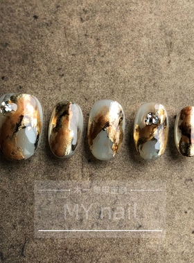 【M.Y nail 】纯手工穿戴甲重工金箔晕染鎏金棕色系成品美甲贴片