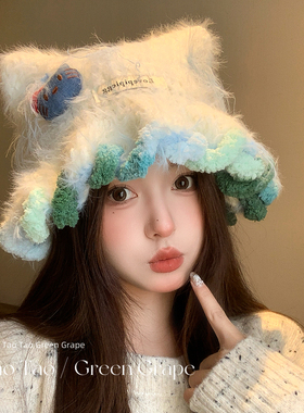 可爱Kitty白色猫耳毛绒针织帽女冬2025新款毛线帽大头围保暖帽子