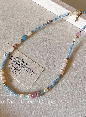 夏日天然珍珠彩色多巴胺串珠项链女小众轻奢复古高级感锁骨链颈链