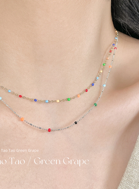 多巴胺彩色串珠项链女夏2025新款双层叠戴细锁骨链海边度假风颈链