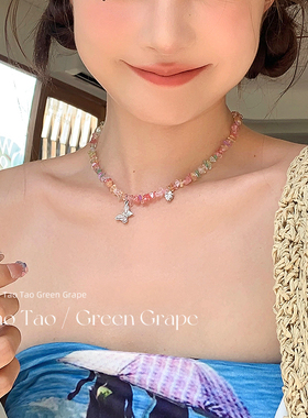 夏季彩色多巴胺水晶蝴蝶项链2024新款爆款甜酷锁骨链女高级感颈链
