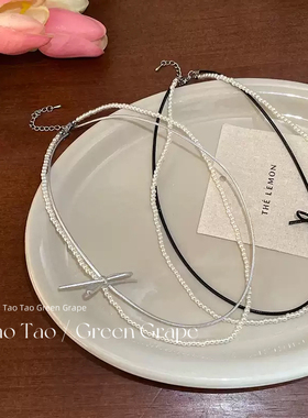 个性皮绳韩系气质蝴蝶结珍珠项链2024新款小众设计甜酷少女锁骨链