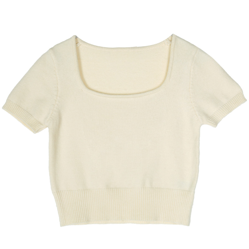 芝士兔 短袖针织T恤女2024夏季新款小个子显瘦方领短款毛衣上衣
