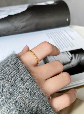 韩国纯银设计感金色麻花戒指