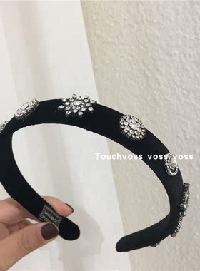 复古风法式韩版丝绒水钻黑色发箍