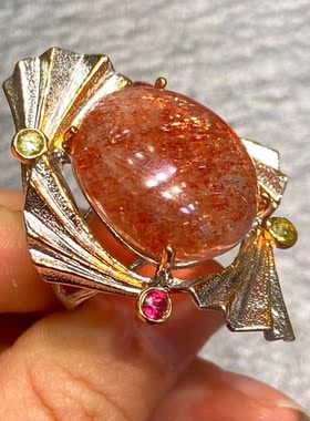 意大利工艺925银设计镶嵌天然太阳石戒指 搭配碧玺点缀 时尚个性