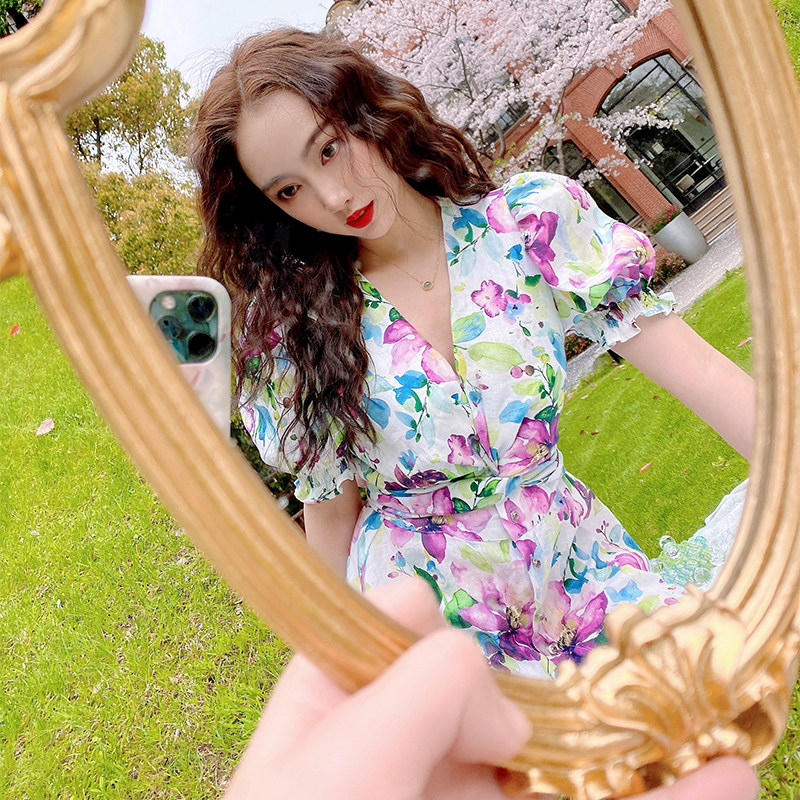 reve高定天丝亚麻紫槿花法式连衣裙 ReVe芮芙高定女装连衣裙