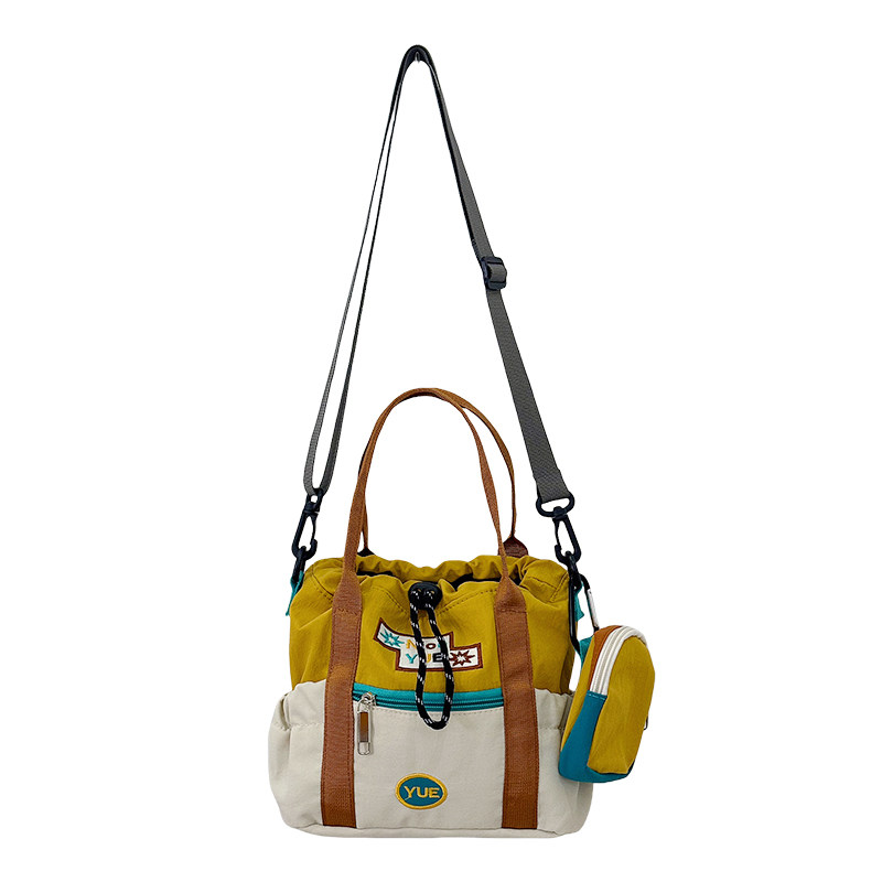 Retro contrasting color tie-mouth handbag student casual lightweight mobile phone bag women's niche design mini crossbody bag