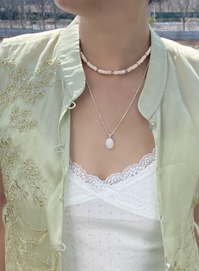 高级感珐琅滴釉绿色不规则简约轻奢韩版时尚潮流中长款银色吊坠