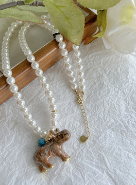 新款小众设计感犀牛珍珠项链女轻奢气质颈链纯手工珐琅釉锁骨链女