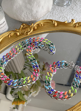 时尚自制黄铜镀金镀银韩风彩虹色彩色珐琅滴油古巴同款宽麻花项链