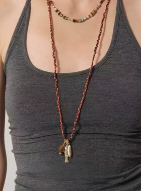 椰风编绳大鱼坠项链小众设计师复古气质高级感锁骨链叠戴百搭项链