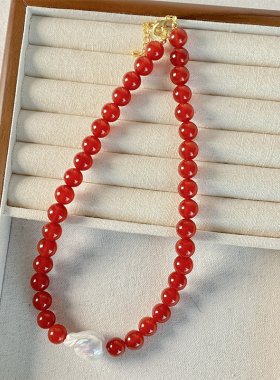 「新年限定」天然红玛瑙手工串珠巴洛珍珠项链小众锁骨链颈链礼物