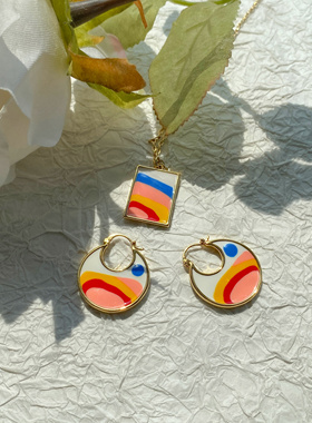 彩色滴釉小画家莫奈风艺术生同款日出印象后现代主义项链耳环一套
