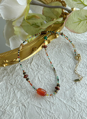 新款不规则串珠圆珠红玛瑙彩色新中式新年时尚独特简约本命年项链