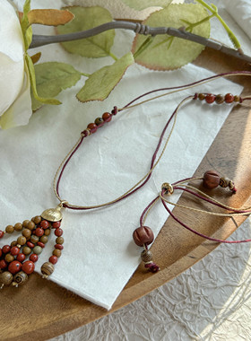 民族风果实流苏项链复古百搭波西米亚串珠吊坠小众设计款长项链女