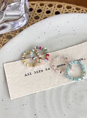 碎银子形状弹力绳戒指女时尚感简约彩色宝石串珠戒指时尚个性食指