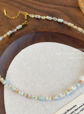 小众复古花纹石水晶串珠项链女简约高级感法式度假风淡蓝色锁骨链