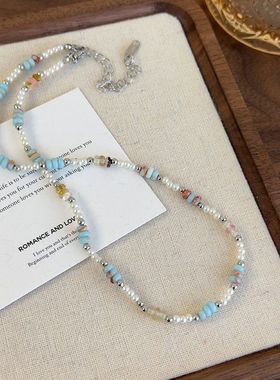 新中式绿色石头仿珍珠彩色串珠项链锁骨链配饰小众轻奢时尚颈链女