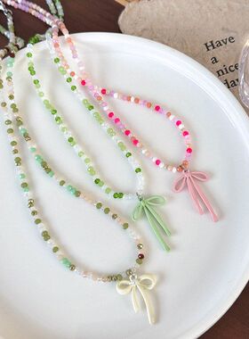 可爱甜妹简约彩色玻璃串珠蝴蝶结项链配饰时尚感小众颈链锁骨链女