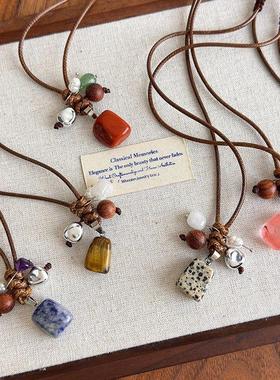 复古民族风简约几何石头吊坠项链木珠线绳抽拉式编织长款毛衣链