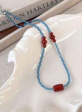 新中式天然石红玛瑙串珠项链显白神器叠戴锁骨链汉服配饰国风颈链