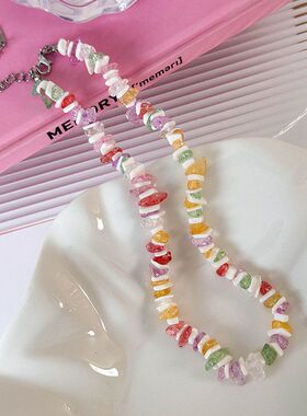 夏日沙滩小众波西米亚彩色碎石贝壳串珠拼接项链少女感ins锁骨链