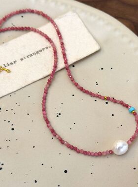 小众法式浪漫气质锁骨颈链红色石头珍珠串珠项链颈链春夏百搭配饰