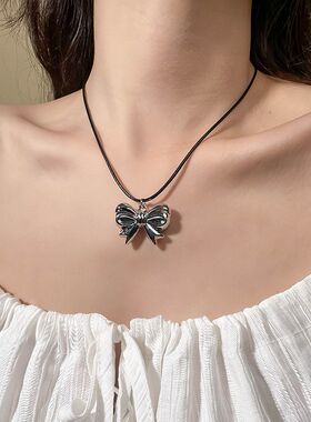 韩版新款闪亮串珠银色金属蝴蝶结项链女高级感精致甜美双层锁骨链