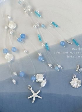 夏日海边度假风蓝色水晶玻璃珠鱼线三股海洋项链简约百搭拍照配饰
