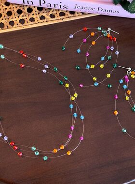 彩色多巴胺串珠项链女春时尚个性显脸小耳钉小众设计高级感锁骨链