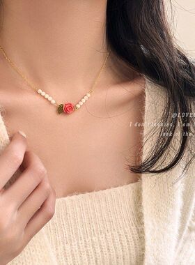 法式轻奢玫瑰项链少女感甜美气质小众设计串珠短款锁骨链流行配饰
