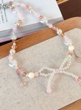 夏季手作蝴蝶结爱心串珠项链女款珍珠粉色水晶颈链轻奢锁骨链配饰