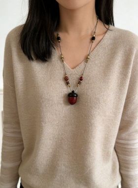 秋冬木质松果虎眼石串珠编绳秋冬长项链2025新款小众设计毛衣链女