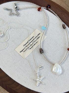 韩式百搭少女小清新贝壳天然石串珠项链五角星海星叠戴锁骨链配饰