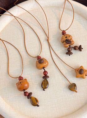 萌趣乐园~虎眼石小熊狗狗项链女秋冬可爱小众设计毛衣链挂脖配饰