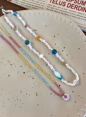 小众美式田园风项饰手工撞色串珠花朵吊坠项链度假自拍搭配配饰女